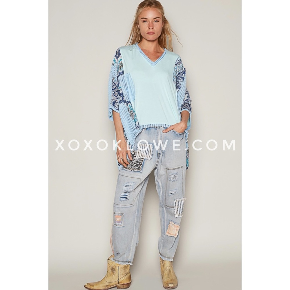 POL Blue Boho Print + Sheer Knit V Neck Rayon Jersey Top - Picture 7 of 9
